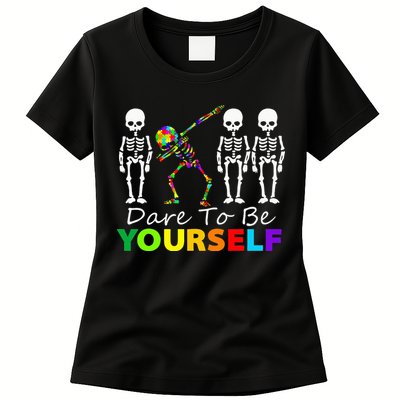 Skeleton Dabbing Dare To Be Yourself Funny Autism Womens T-Shirt