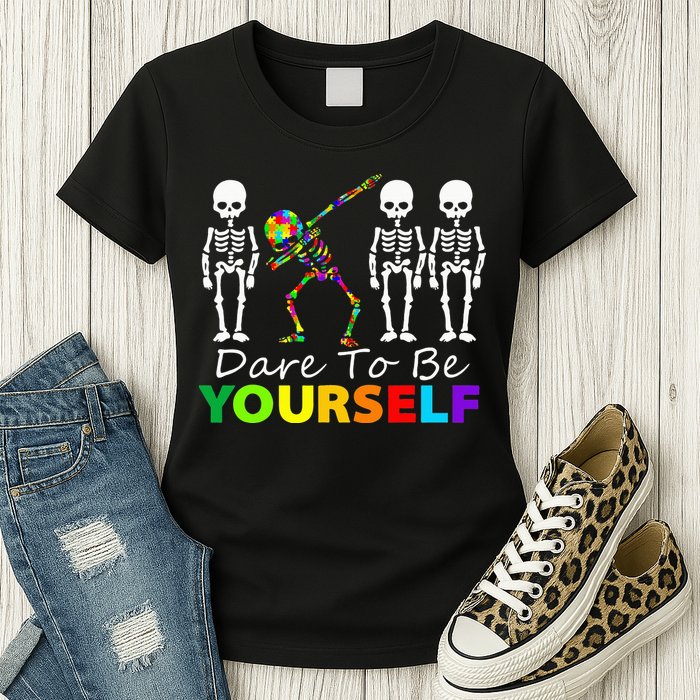 Skeleton Dabbing Dare To Be Yourself Funny Autism Womens T-Shirt