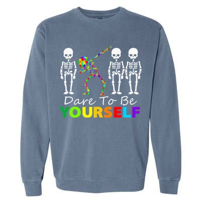 Skeleton Dabbing Dare To Be Yourself Funny Autism Garment-Dyed Sweatshirt