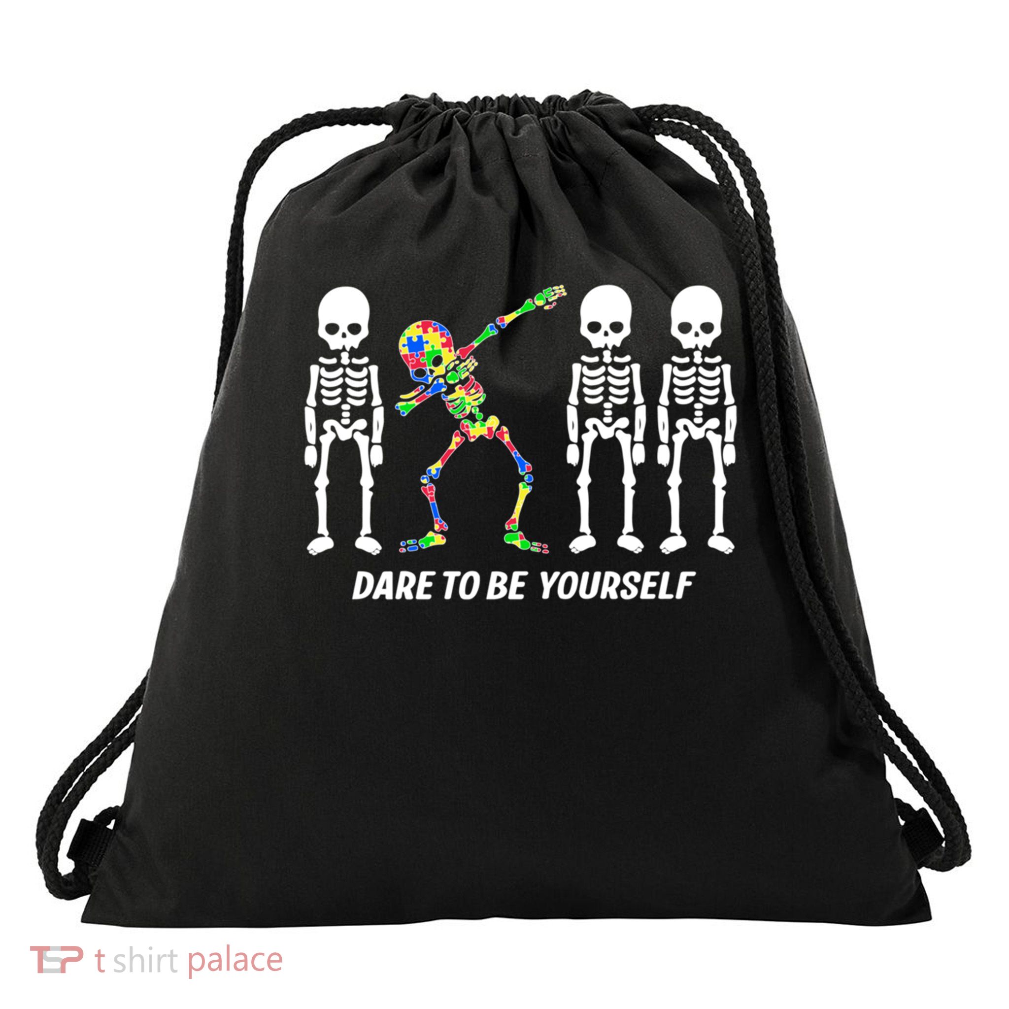 skeleton dabbing dare to be yourself gift funny autism great gift Drawstring Bag