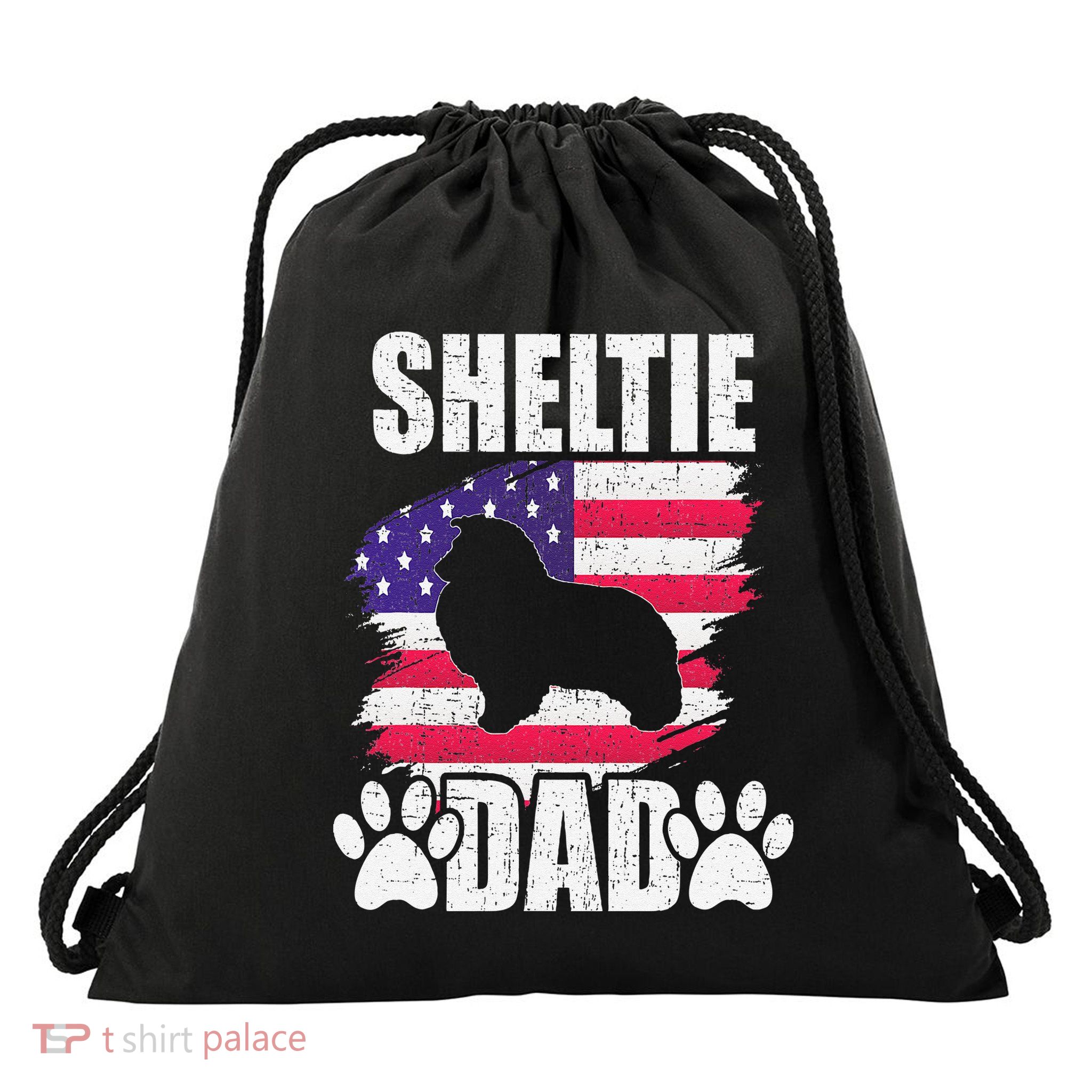 Sheltie Dad Dog Lover American Us Flag Drawstring Bag