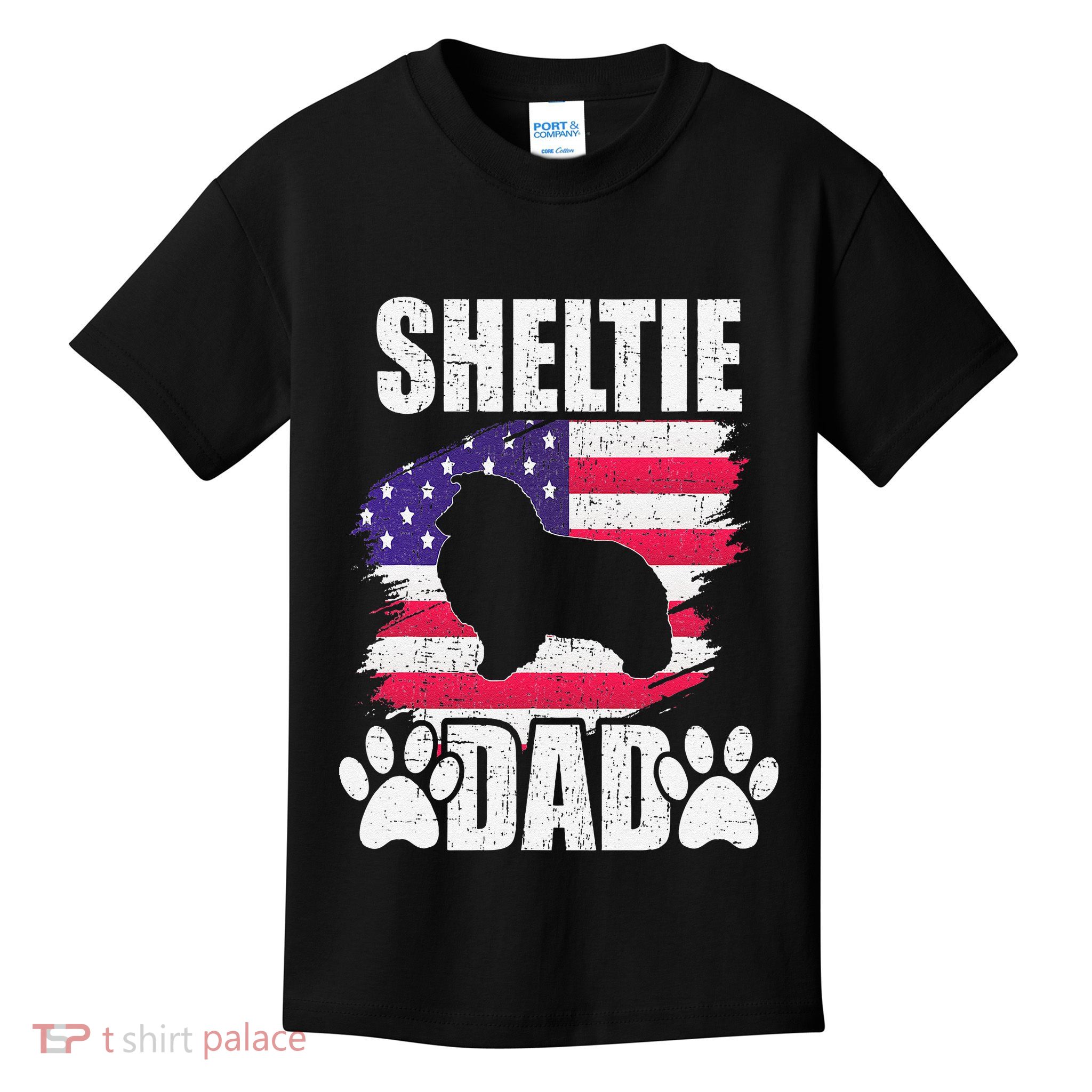 Sheltie Dad Dog Lover American Us Flag Kids T-Shirt