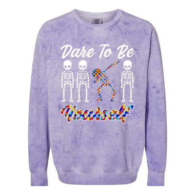 Skeleton Dabbing Dare To Be Yourself Funny Autism Gift Colorblast Crewneck Sweatshirt