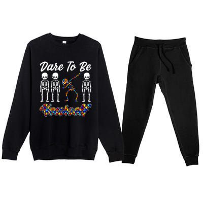 Skeleton Dabbing Dare To Be Yourself Funny Autism Gift Premium Crewneck Sweatsuit Set