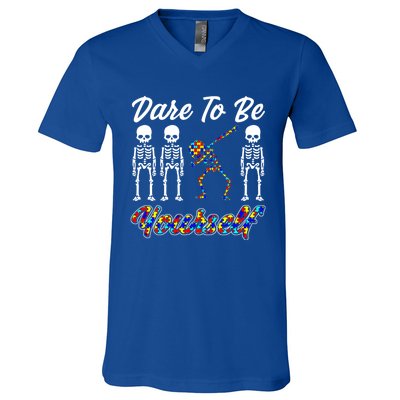 Skeleton Dabbing Dare To Be Yourself Funny Autism Gift V-Neck T-Shirt