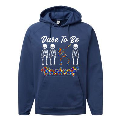 Skeleton Dabbing Dare To Be Yourself Funny Autism Gift Performance Fleece Hoodie