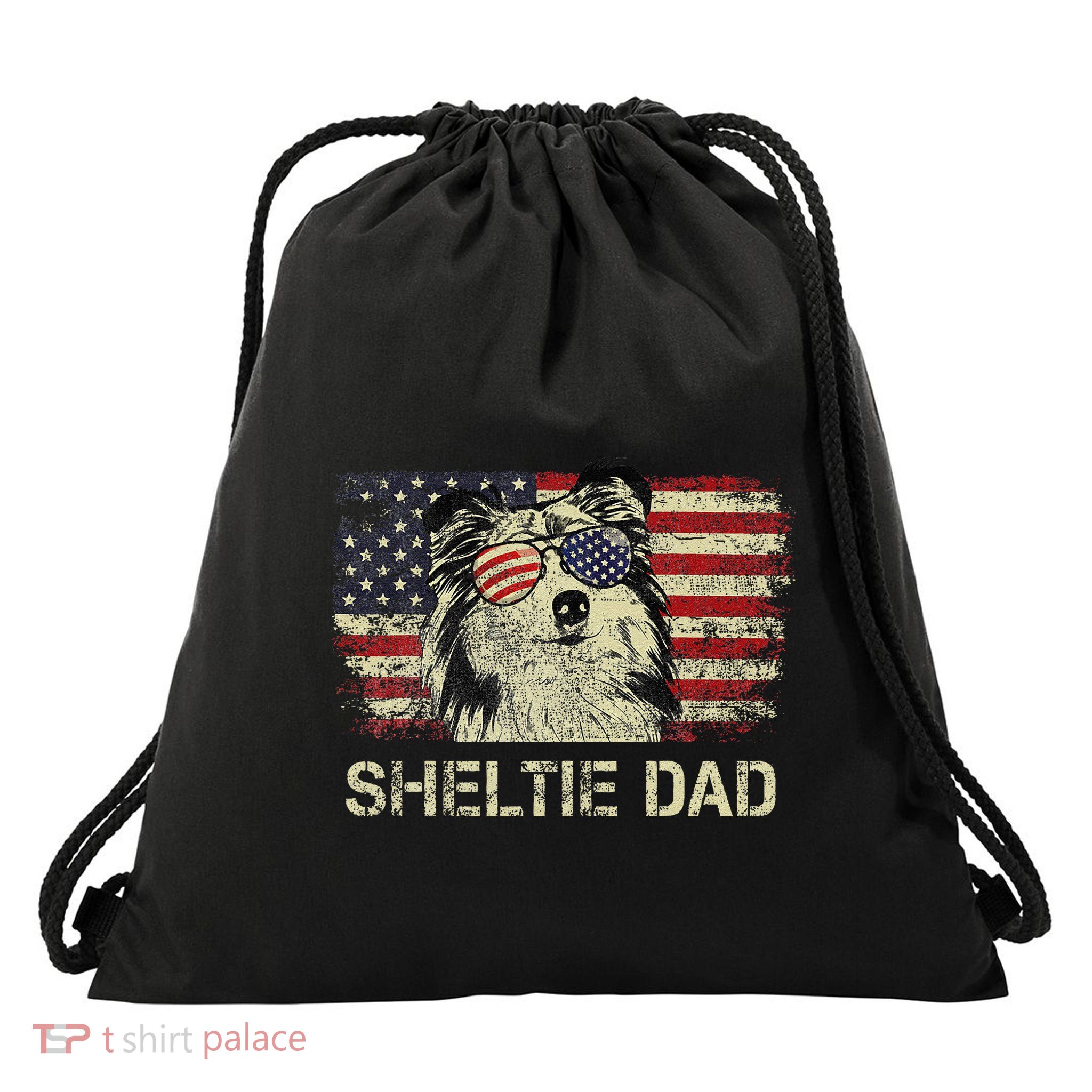 Sheltie Dad Dog Lovers American Flag 4th Of July Drawstring Bag