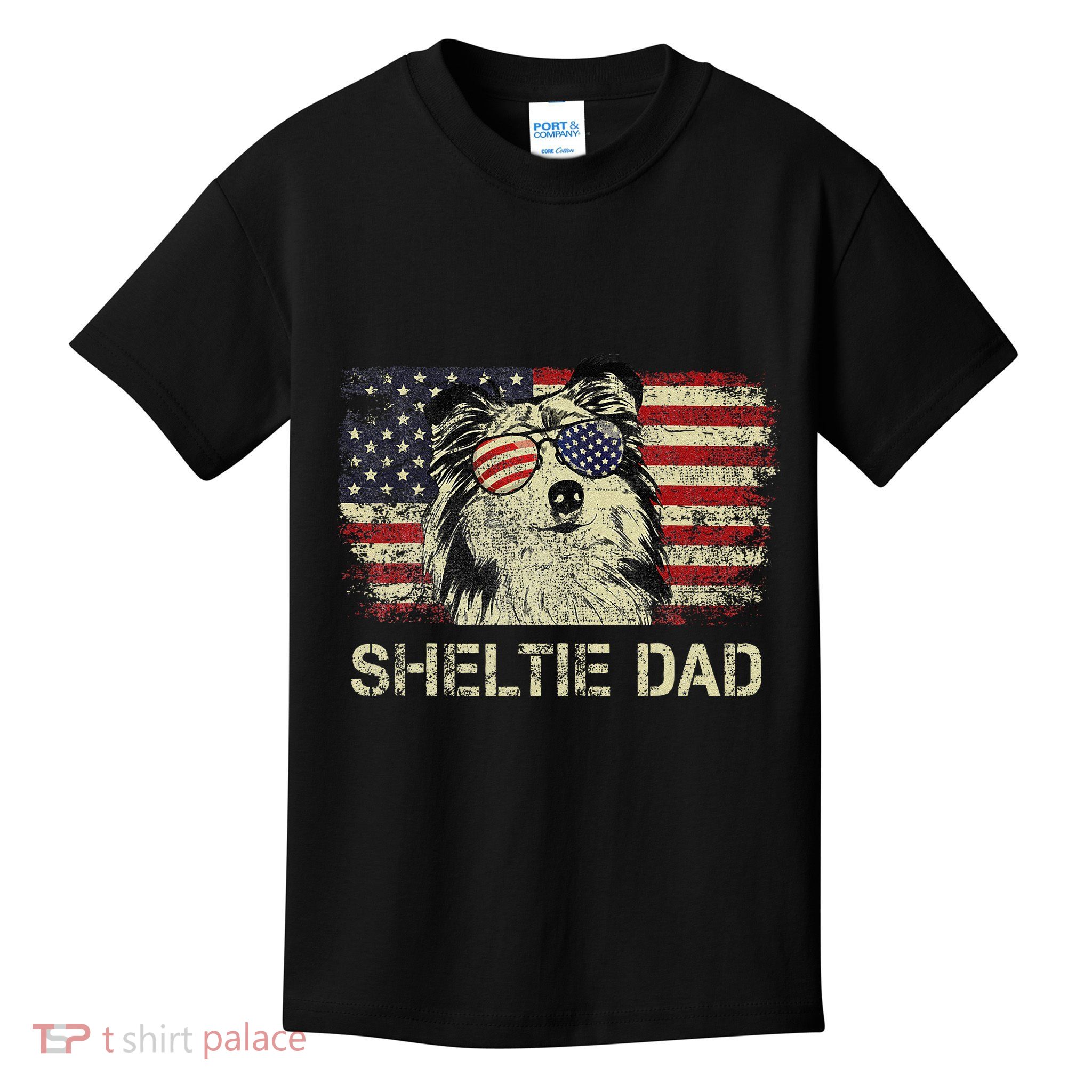 Sheltie Dad Dog Lovers American Flag 4th Of July Kids T-Shirt