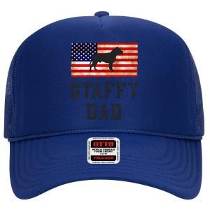 Staffy Dad Distressed American Flag Dog Lovers Gift High Crown Mesh Back Trucker Hat