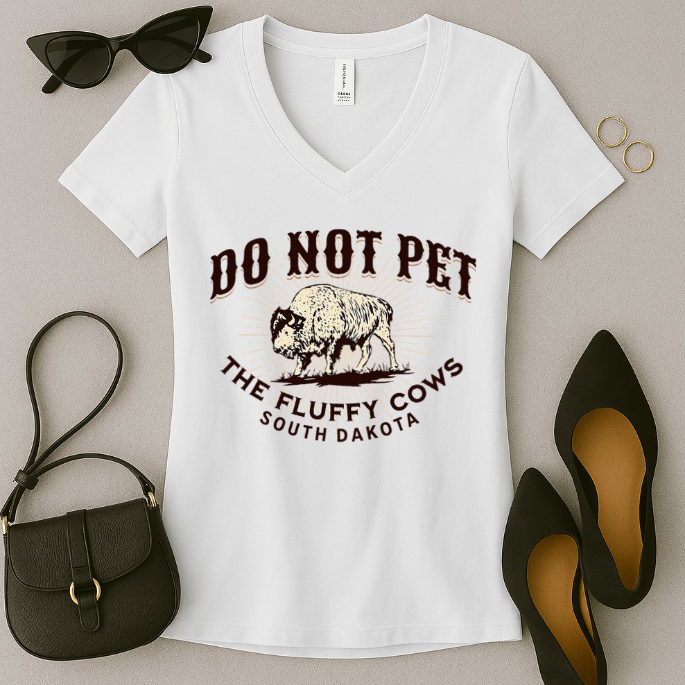 South Dakota Do Not Pet The Fluffy Cows Bison Souvenir Women's V-Neck T-Shirt