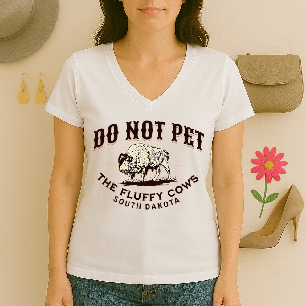 South Dakota Do Not Pet The Fluffy Cows Bison Souvenir Women's V-Neck T-Shirt