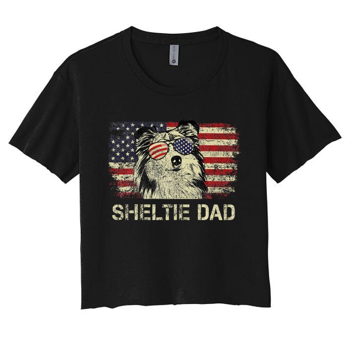 Sheltie Dad Dog Lovers American Flag 4th Of July Women's Crop Top Tee