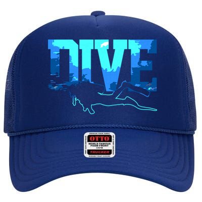 Scuba Diving DIVE Scuba Diver Gift High Crown Mesh Back Trucker Hat