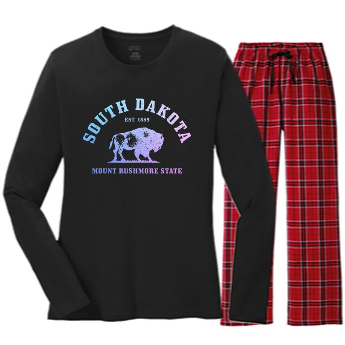 South Dakota Est. 1889 Mount Rushmore State Bison Vintage Women's Long Sleeve Flannel Pajama Set 