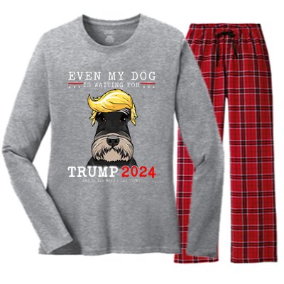 Schnauzer Dog Even My Dog Is Waiting For Trump 2024 Women's Long Sleeve Flannel Pajama Set 