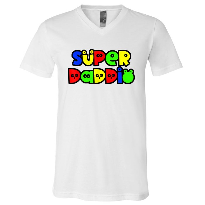 Super Daddio Funny Gamer Dad Fathers Day Video Game Lover V-Neck T-Shirt