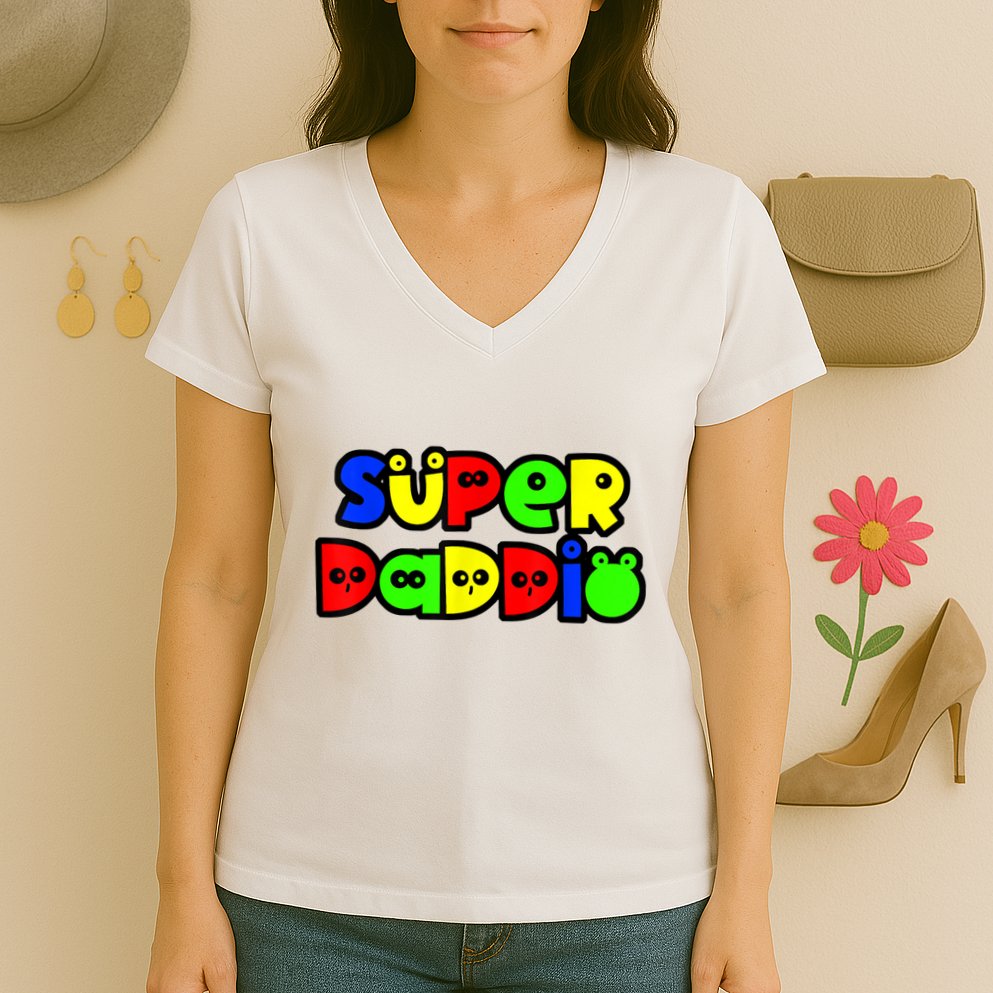 Super Daddio Funny Gamer Dad Fathers Day Video Game Lover Women's V-Neck T-Shirt