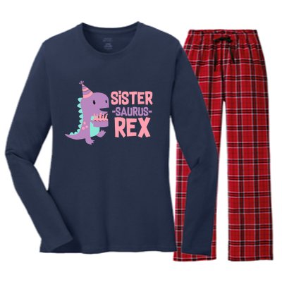 Sister Dinosaur Family Matching Dino Birthday Girl Party Women's Long Sleeve Flannel Pajama Set 