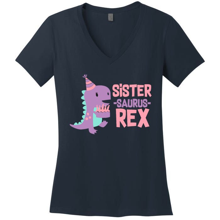 Sister Dinosaur Family Matching Dino Birthday Girl Party Women's V-Neck T-Shirt