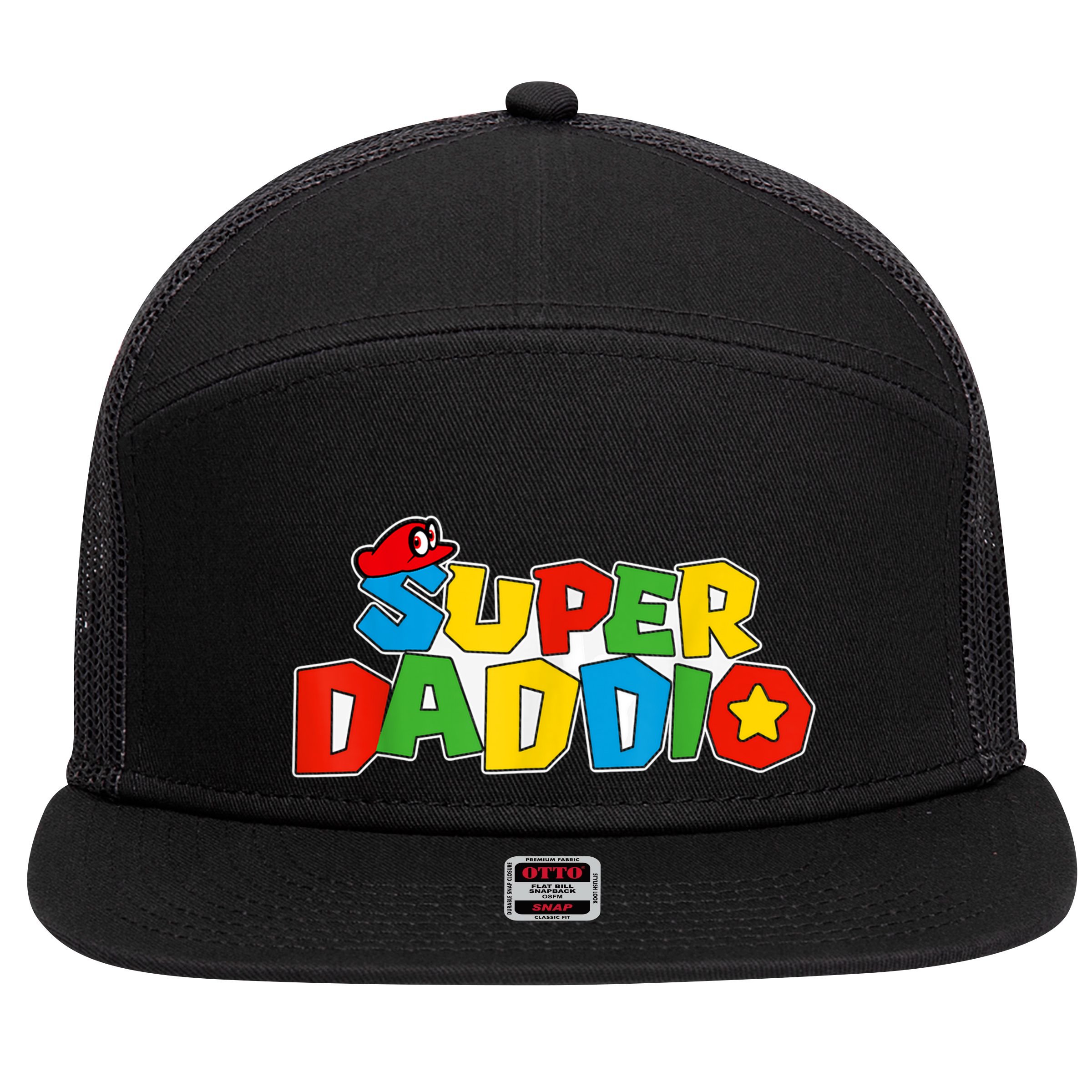 Super Daddio Funny Gamer Dad Fathers Day Video Game Lover 7 Panel Mesh Trucker Snapback Hat