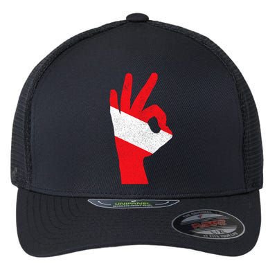 Scuba Diving Flag Ok Hand Sign Funny Scuba Diver Gift Flexfit Unipanel Trucker Cap