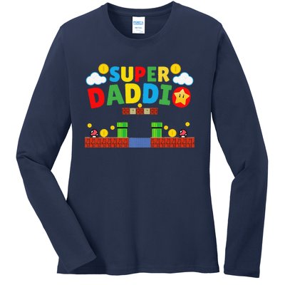 Super Dad Funny Dad Fathers Day Gamer Daddy Super Daddio Ladies Long Sleeve Shirt