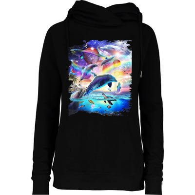 Space Dolphin Galaxy Dolphins Rainbow Womens Funnel Neck Pullover Hood