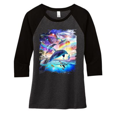 Space Dolphin Galaxy Dolphins Rainbow Women's Tri-Blend 3/4-Sleeve Raglan Shirt