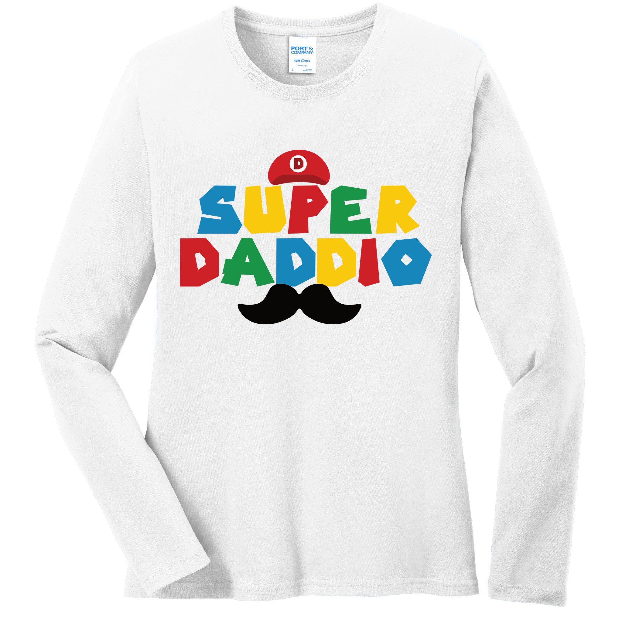 Super Daddio Gamer Dad Moustache Ladies Long Sleeve Shirt
