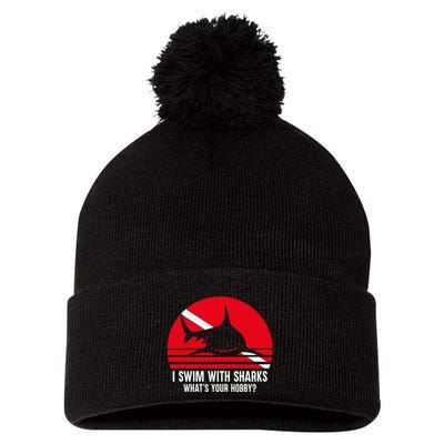 Scuba Diver Gift Shark Ocean Vintage Scuba Diving Flag Pom Pom 12in Knit Beanie