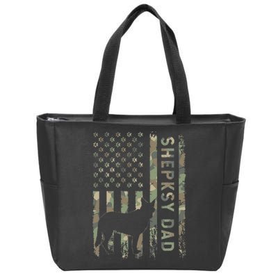 Shepsky Dad German Shepherd Husky Camo USA Flag Zip Tote Bag