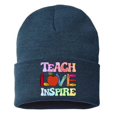 Teach Love Inspire Teacher life Crayon 100 days of school Sustainable Knit Beanie