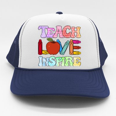 Teach Love Inspire Teacher life Crayon 100 days of school Trucker Hat