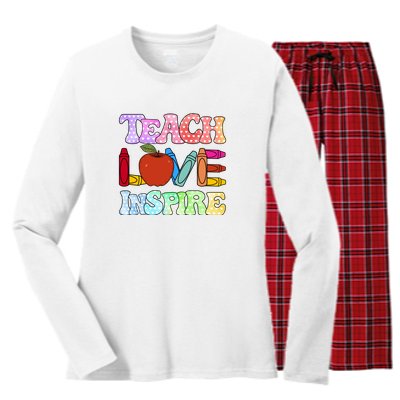 Teach Love Inspire Teacher life Crayon 100 days of school Women's Long Sleeve Flannel Pajama Set 