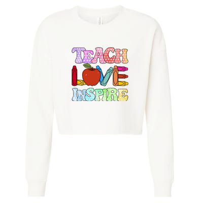 Teach Love Inspire Teacher life Crayon 100 days of school Cropped Pullover Crew