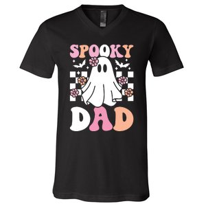 Spooky Dad Halloween Ghost Costume Retro Groovy V-Neck T-Shirt