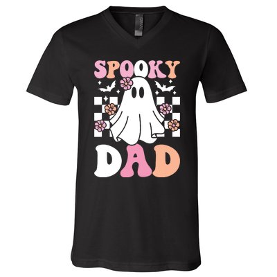 Spooky Dad Halloween Ghost Costume Retro Groovy V-Neck T-Shirt