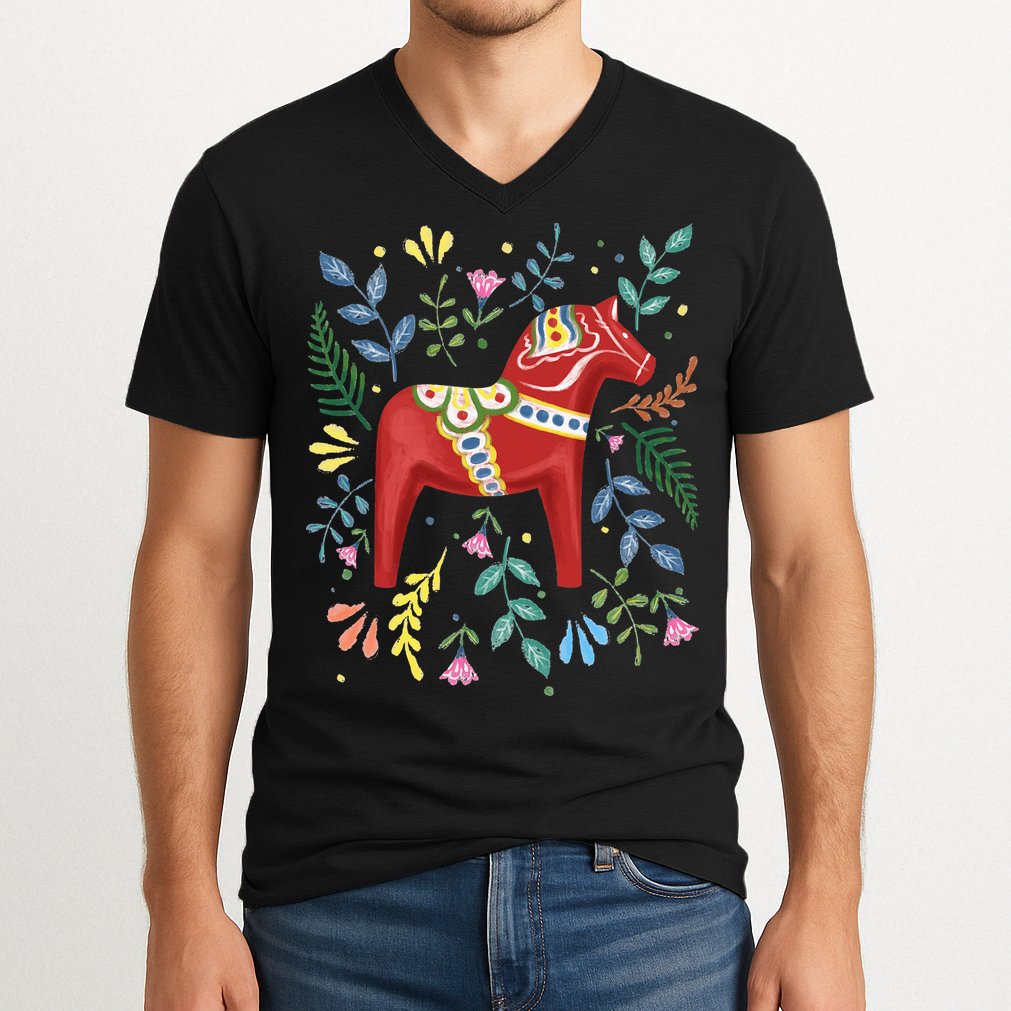 Swedish Dala Horse Folk Art Sweden Flag Dalahelmsoljd Horse V-Neck T-Shirt