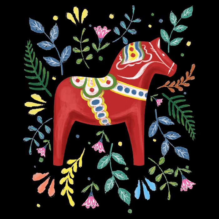 Swedish Dala Horse Folk Art Sweden Flag Dalahelmsoljd Horse V-Neck T-Shirt