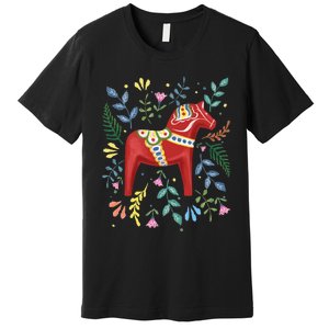 Swedish Dala Horse Folk Art Sweden Flag Dalahelmsoljd Horse Premium T-Shirt