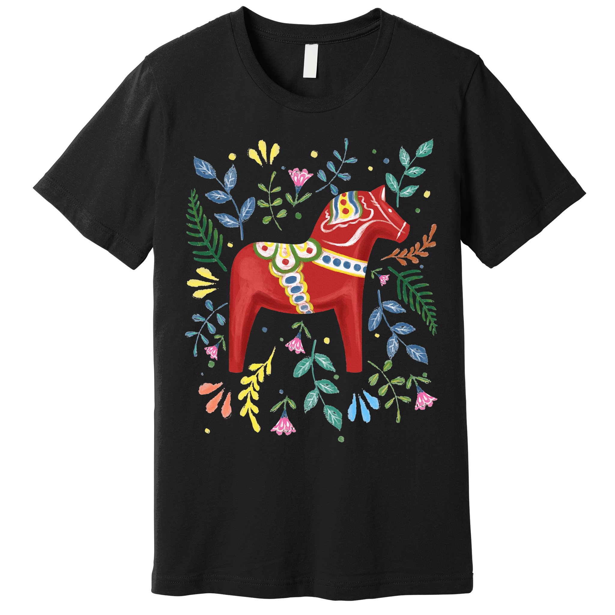 Swedish Dala Horse Folk Art Sweden Flag Dalahelmsoljd Horse Premium T-Shirt