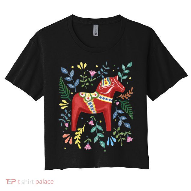 Swedish Dala Horse Folk Art Sweden Flag Dalahelmsoljd Horse Crop Top