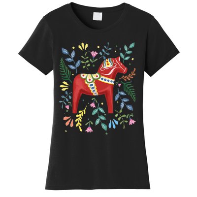 Swedish Dala Horse Folk Art Sweden Flag Dalahelmsoljd Horse Women's T-Shirt