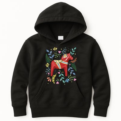 Swedish Dala Horse Folk Art Sweden Flag Dalahelmsoljd Horse Kids Hoodie