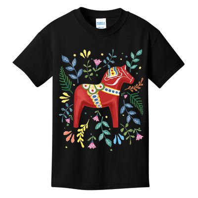 Swedish Dala Horse Folk Art Sweden Flag Dalahelmsoljd Horse Kids T-Shirt
