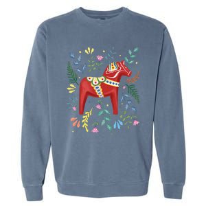 Swedish Dala Horse Folk Art Sweden Flag Dalahelmsoljd Horse Garment-Dyed Sweatshirt