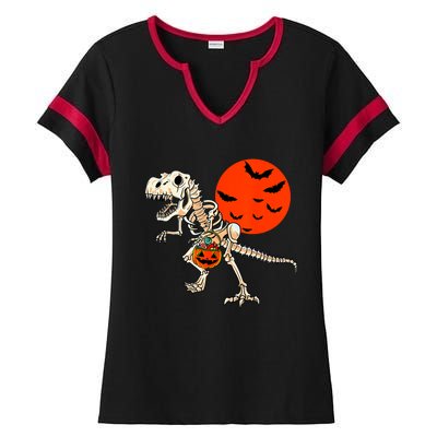 Scary Dinosaur Halloween Costume Trex Skeleton Pumpkin Moon Gift Ladies Halftime Notch Neck Tee