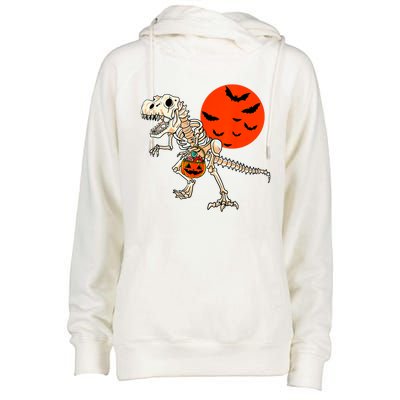 Scary Dinosaur Halloween Costume Trex Skeleton Pumpkin Moon Gift Womens Funnel Neck Pullover Hood