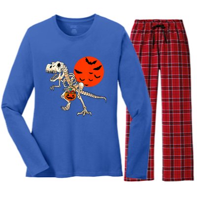 Scary Dinosaur Halloween Costume Trex Skeleton Pumpkin Moon Gift Women's Long Sleeve Flannel Pajama Set 