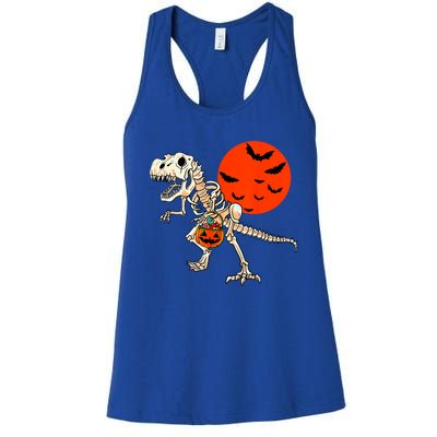 Scary Dinosaur Halloween Costume Trex Skeleton Pumpkin Moon Gift Women's Racerback Tank